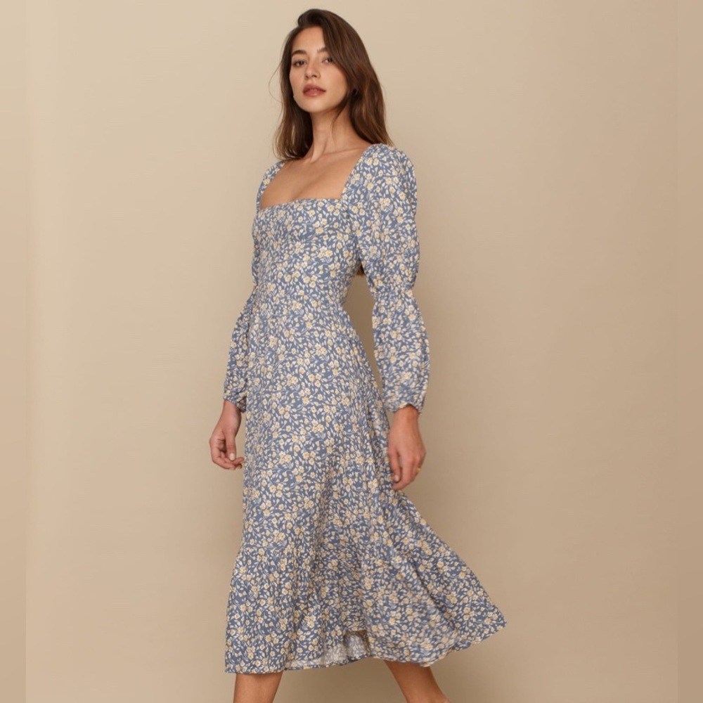 NWOT Reformation Blue Floral Spring Dress, Midi/Modern Gunne Sax/Prairie Style